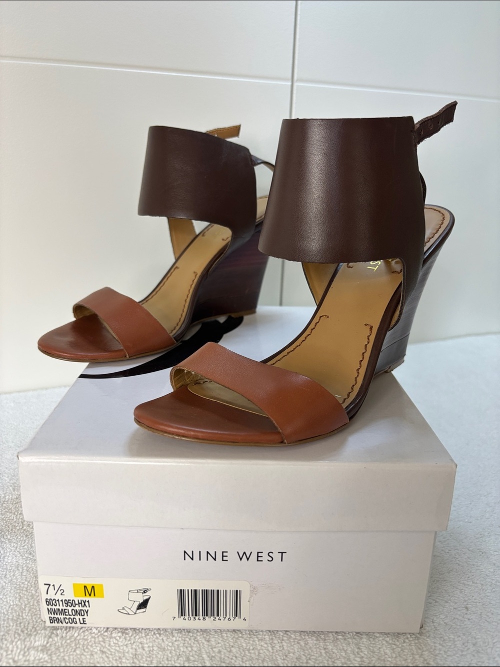 Nine West Two-Tone Brown Leather Wedge Sandals